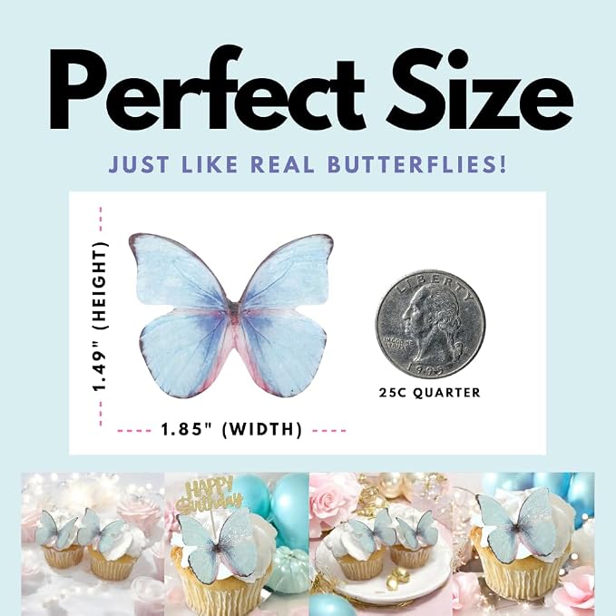Edible Butterflies with Edible Glitter Kit - Wafer Paper Butterflies for Cakes - Cake Decorations - Cupcake Decorations - Cake Toppers (Dream Blue)