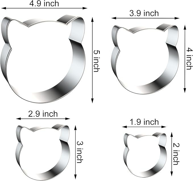 Cat Face Head Cookie Cutters Shapes Set with Assorted Sizes - 5 inch, 4 inch, 3 inch, 2 inch - Stainless Steel