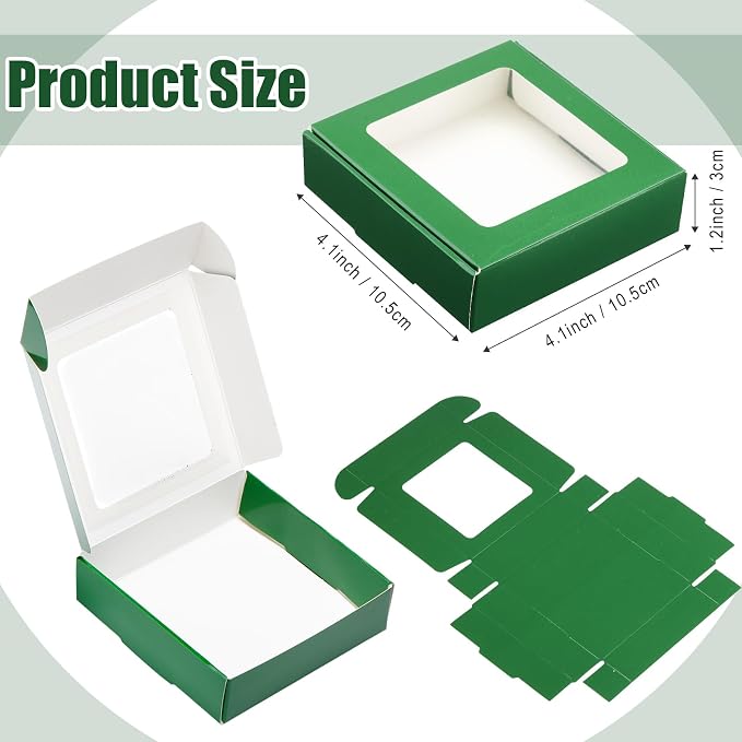 Zonon 30 Pcs Kraft Paper Boxes with Window 4.13 x 4.13 x 1.18 Inch Candy Packaging, Small Gift Boxes, Soap holder, Mini Treat Packaging for Bakery Chocolate Jewelry Display (Dark Green)