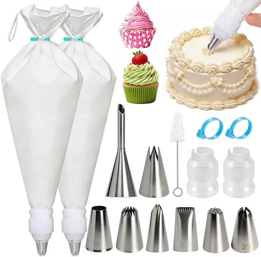 Reusable Cotton Piping Bags and Tips Set -Two 16inch Pastry Bags with 8pcs Large Stainless Icing Tips for Cake Decorating, Cupcakes, Cookies. Baking Kit for Home Bakers & Chefs