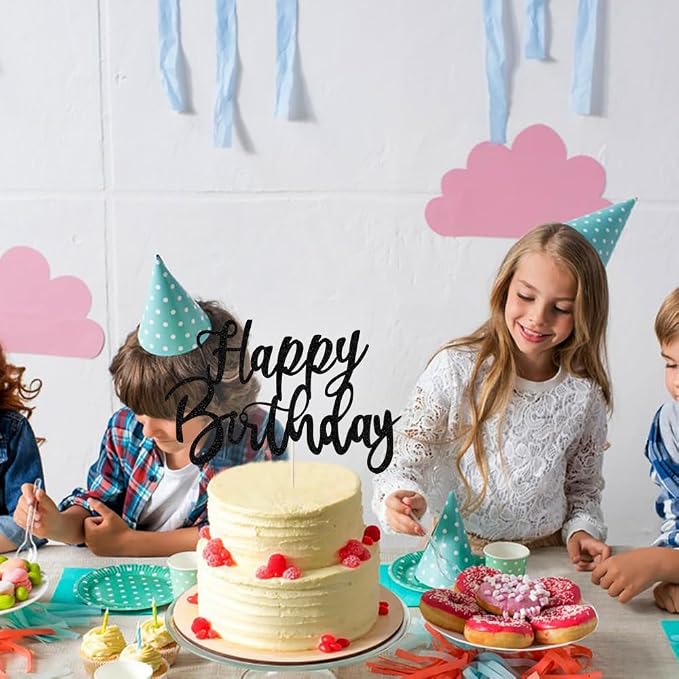 Handmade Glitter happy birthday Cake Topper, Happy Birthday Cake Bunting Decor,Birthday Party Decoration Supplies(Black)