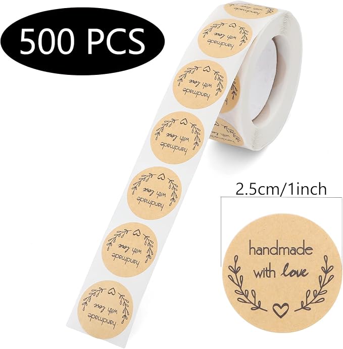 500 PCS Handmade Stickers for Packaging 1 Inch Baking Kraft Paper Stickers, Handmade with Love Stickers Tags for Birthday,Wedding,Party Gift Wrap Bag