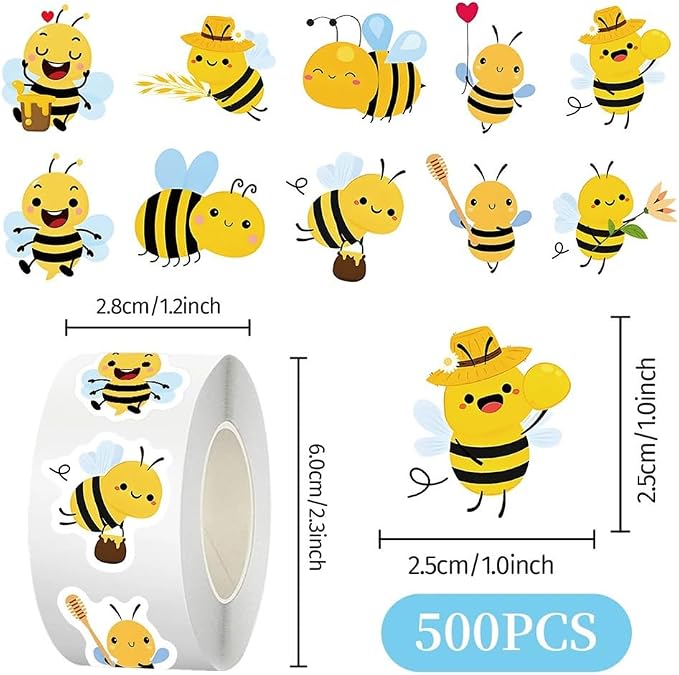 Cute Bee Stickers, 2 Rolls 1000 Pcs Cartoon Bee Stickers Waterproof Self-Adhesive Honey Bee Decals Teacher Reward Envelope Seal Party Favors Crafts