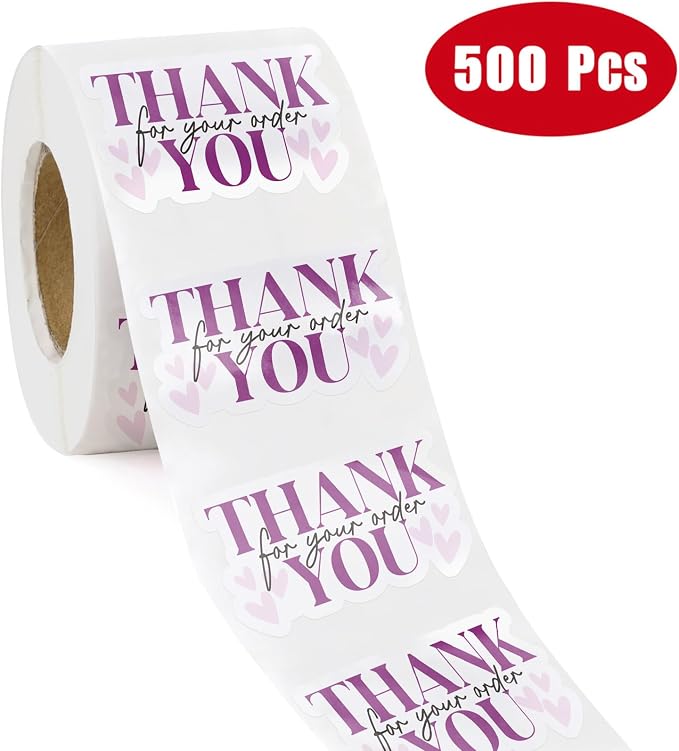 WRAPAHOLIC 1.8 x 1.1 Inch, 500 Total Business Stickers Roll - Purple Thank You for Your Order Text Design, Thank You Lables, Shipping Stickers for Party Decorations