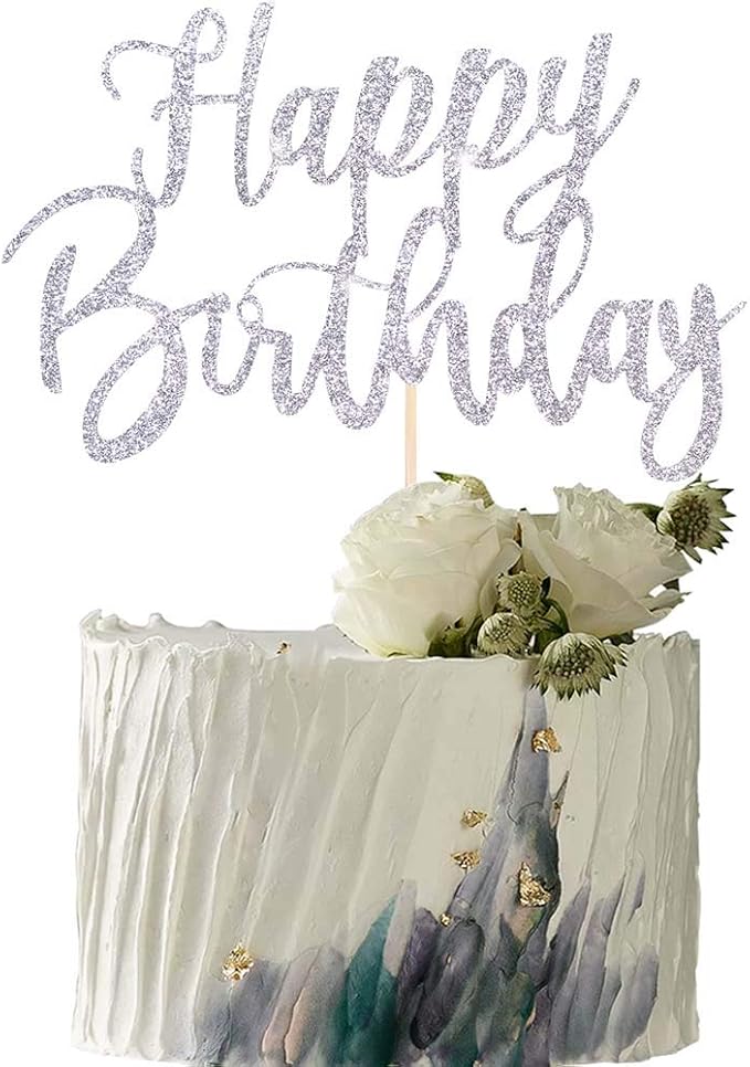 Handmade Glitter happy birthday Cake Topper, Happy Birthday Cake Bunting Decor, Party Decoration Supplies (Silver)