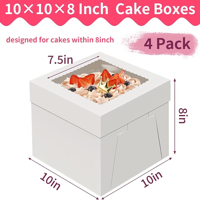 WINKIO 10x10x8 Inch Cake Box, 4 Pack White Cake Boxes with Window, Disposable Bakery Boxes 10 Inch for Cake Cookies Pies Cupcakes Pastry
