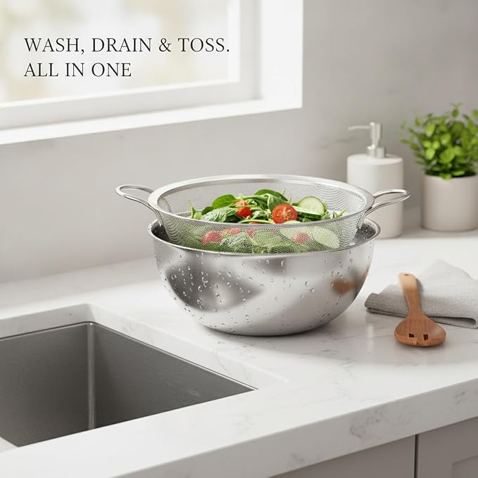 Stainless Steel Mixing Bowl Set with Nested Strainer, 2-in-1 Prep Basin for Washing, Draining, and Mixing