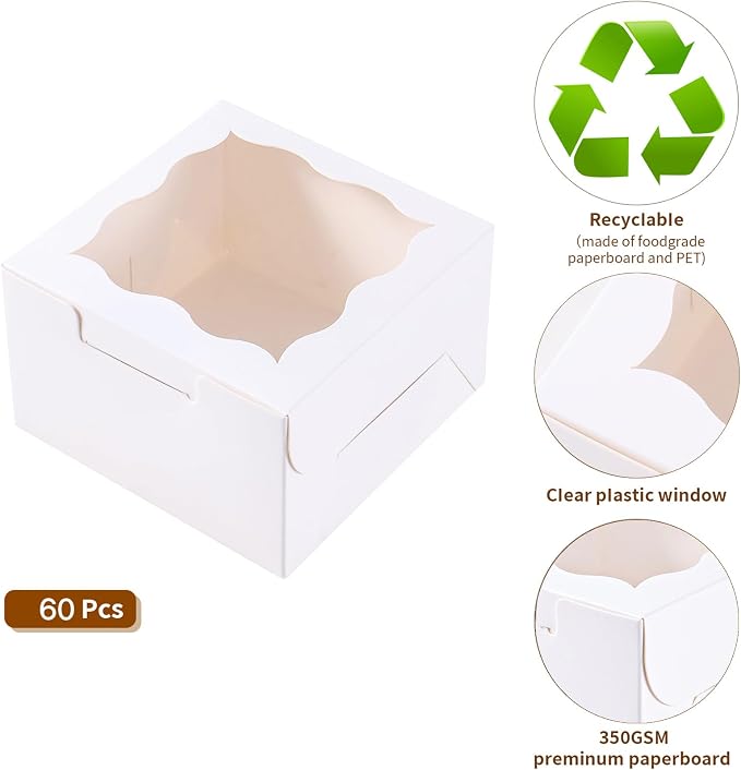 60pcs White Small Cake Box,4x4x2.5 Inch Bakery Boxes with Window,gift boxes bulk for Mini Cake Pastry Dessert Strawberries Chocolates Cupcakes with Stickers