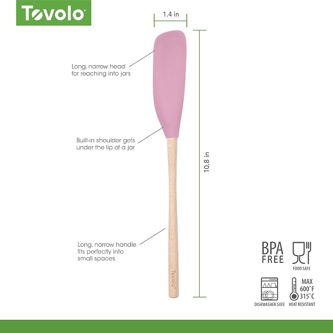 Tovolo Flex Core Jar Scraper With Wood Handle Long Silicone Spatula For Peanut Butter Jelly Jars, Heat Resistant BPA Free Long Handle Jar Spatula for Scraping Spreading, Pink Sorbet