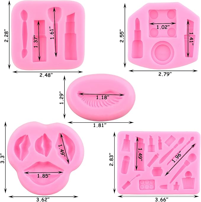ZiXiang Makeup Theme Silicone Molds Valentine's Day Fondant Molds Kiss Lips Lipstick Perfume Eyelash Brush Mold For Candy Chocolate Cake Decorating Cupcake Topper Gum Paste Polymer Clay Set Of 5