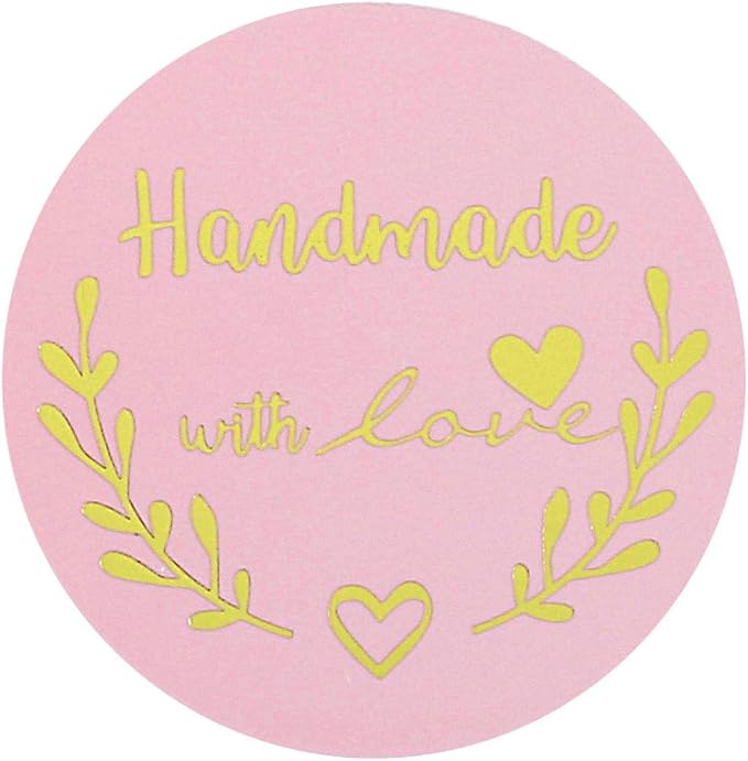 Yoption 1.5 Inch Round Handmade with Love Stickers Pink for Packaging, Cookie Bags, Small Shop Local Handmade, 500 Labels per Roll