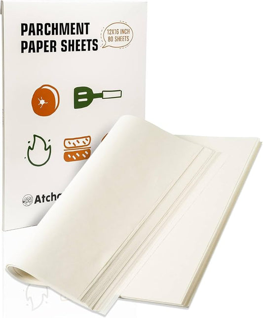 12x16 Parchment Paper Sheets – 80 Precut, Unbleached, Non-Stick Sheets for Half Baking Sheet, Flat-Packed (No Folds/Creases) & Oven Safe, Gift Box for Baking, Air Fryer & Microwave