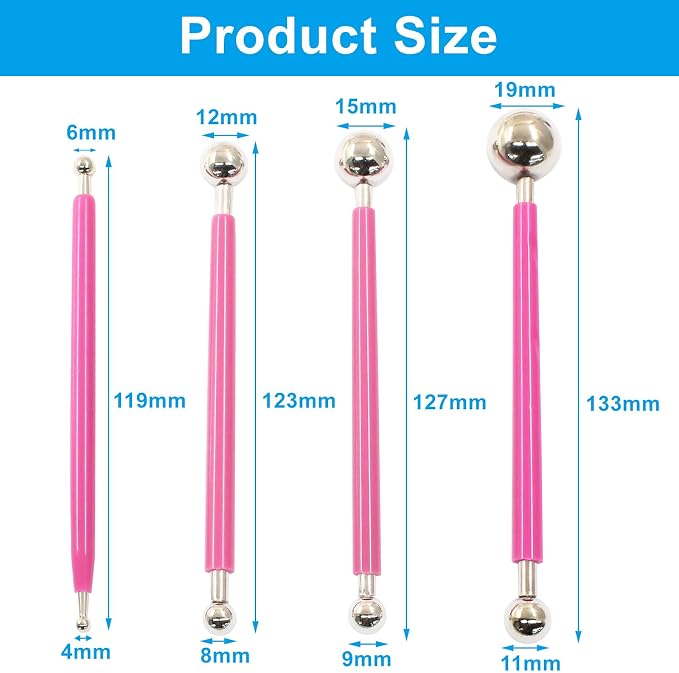 4Pcs Pink Ball Shaped Cake Dotting Tool, 8 Head Fondant Ball Tool Stainless Steel Modeling Ball Tool, Metal Ball Mold Tool for Cake Decoration, Sculpting, DIY