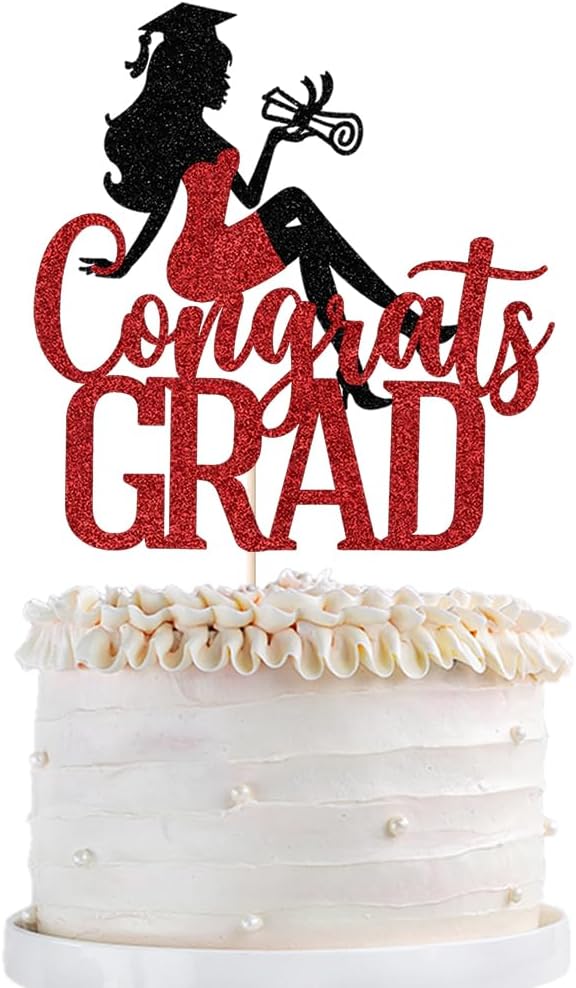 Congrats Grad Cake Topper,2026 Girl Graduation Cake Topper, Congrats Grad Decorations,2026 High School/College/Senior Graduation Party Decorations Supplies (Black red)
