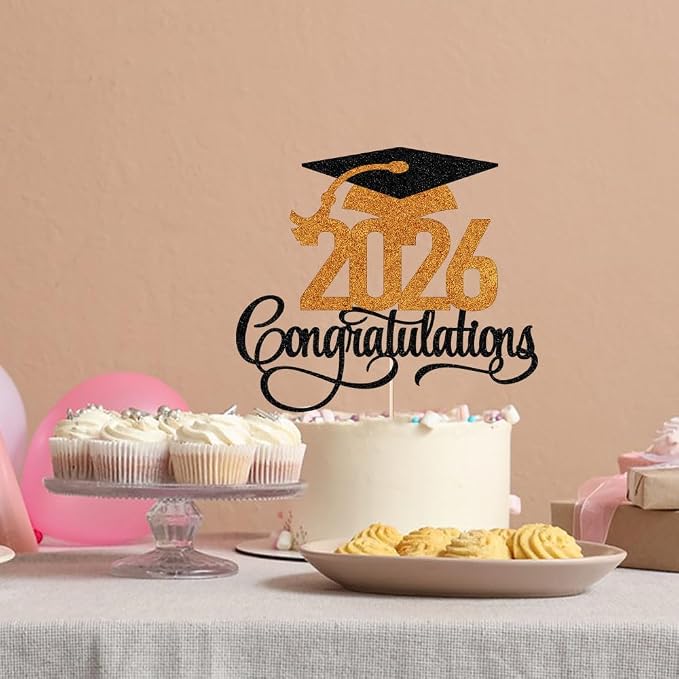Glitter 2026 Congratulations Graduation Cake Topper,Congrats Grad Cake Decor - 2026 High School/College/Senior Graduation Party Decorations Supplies (2026Congratulations Black orange)