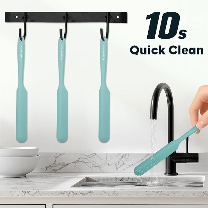 3pcs Silicone Jar Spatulas 10in Long Skinny Heat-Resistant, Narrow Spatula Set for Scraping Peanut Butter, Sourdough, Jam in Small Containers, Blenders & Baking (Green)