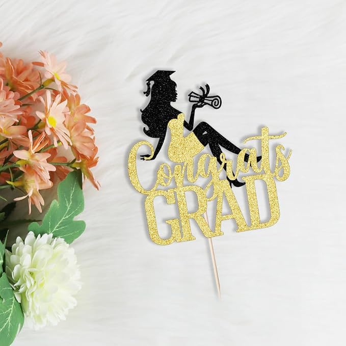 Congrats Grad Cake Topper,2026 Girl Graduation Cake Topper, Congrats Grad Decorations,2026 High School/College/Senior Graduation Party Decorations Supplies (Black gold)