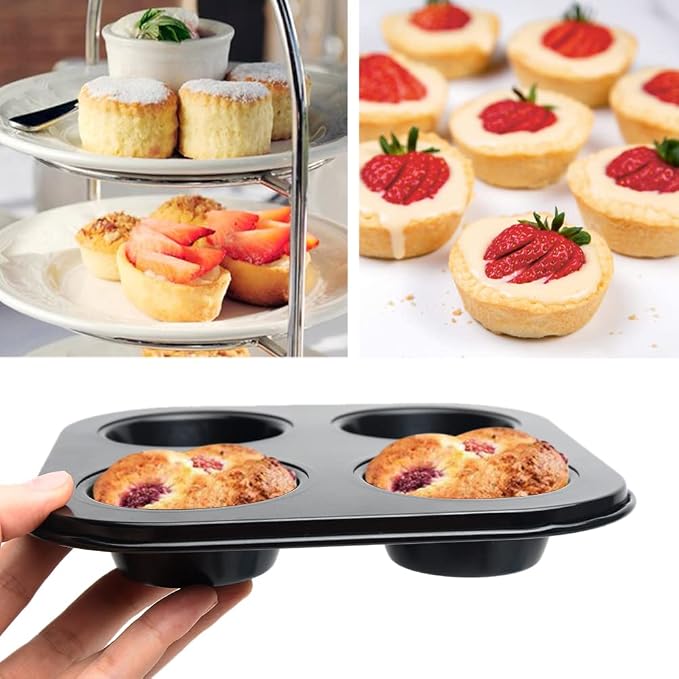 4-Hole Muffin Pan, Bakeware Non-stick Cupcake Baking Pan Mini Pie Pans, Heavy Duty Carbon Steel Muffin Tray Standard Baking Mold Pan for Oven Bakings (COLOR:Black, 1pc)