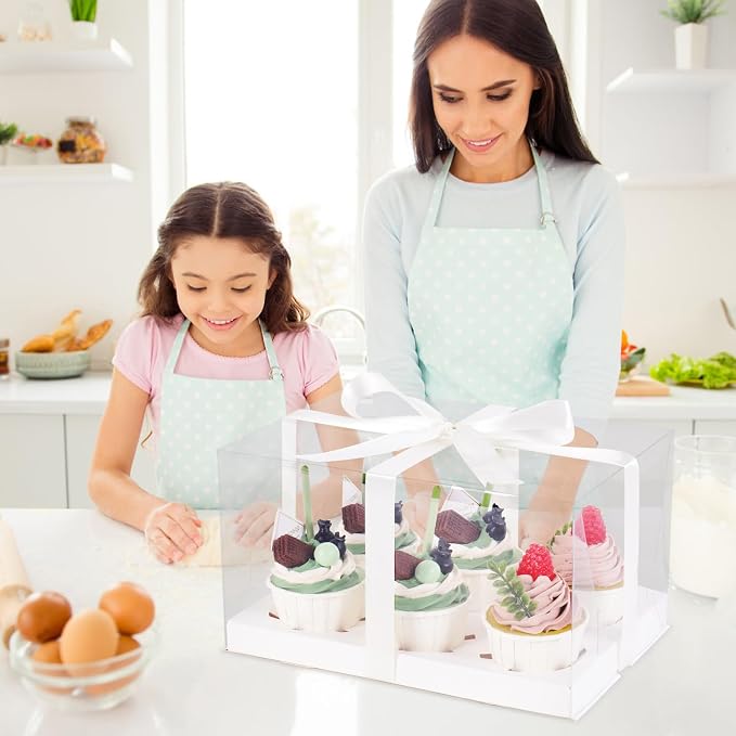 3Pcs Clear Cupcake Boxes,6 Count Cupcake Containers with Gift Ribbon,Plastic Cupcake Carrier Holder for Dessert Cookies Muffins Pastry (White/clear, 6 Count/3ps)