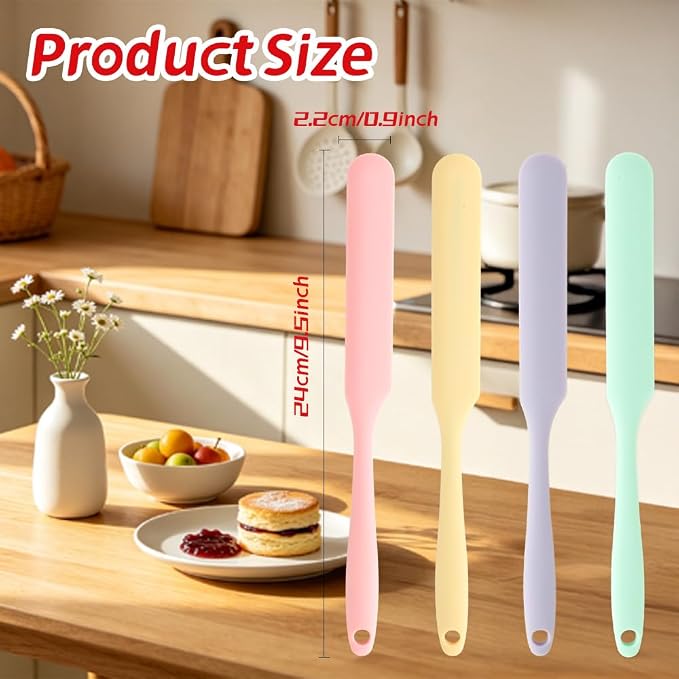 4 Pcs Silicone Jar Spatula, Long Handle Skinny Spatula Scraper for Jars & Bottles, Heat Resistant Small Spatulas Set for Kitchen Baking Sourdough Cake Makeup Essentials, Pink+Yellow+Light Green+Purple