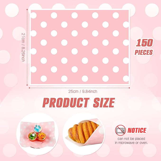 Gersoniel 150pcs Wax Paper Sheet for Food Dot Printed Bakery Tissue Greaseproof Disposable Wrapping Paper for Sandwich Food Picnic Baskets Liner Wedding Birthday Party Supplies(Pink,9.84x8.27'')