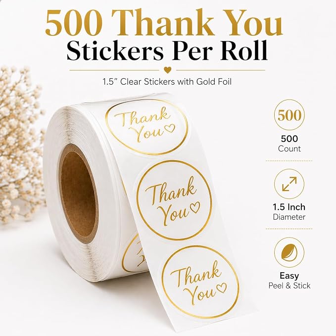 Thank You Stickers for Small Business – 500 Clear Round Stickers with Gold Foil Script, 1.5 Inch Waterproof Adhesive Labels for Packaging, Envelopes & Gift Bags
