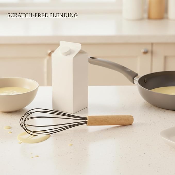 Easy-Use Manual Whisk with Silicone Head and Beech Wood Handle for Coated Cookware, 13-Inch Egg Beater
