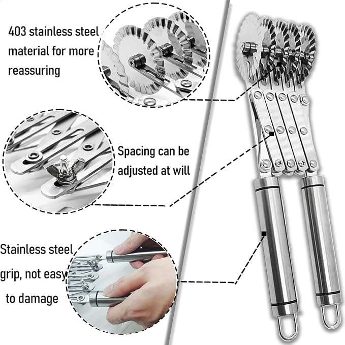 5-Wheel Pastry Knife,Spaghetti And Noodle Slicer, Stainless Steel Fluted Pasta Crimping Wheel Dough Crimper Cutter Roller Ravioli Maker Tool for Pizza Noodle Cracker(with handle)