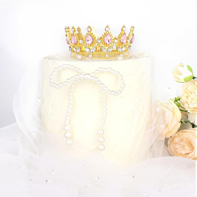 Crown Cake Topper Happy Birthday Cake Toppers Wedding Cake Toppers Mini Crowns for Flower Bouquets Party Decorations (Gold Pink)