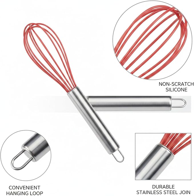 8.9 Inch Silicone Coated Whisk for Nonstick Cookware, Stainless Steel Wire Mixer for Eggs Sauces and Batters, Red Kitchen Utensil
