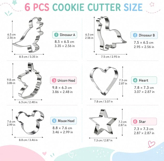 6 Pcs Cookie Cutters Set, Dinosaur Cookie Cutter, Unicorn, Mouse Head, Star and Heart Shapes, Stainless Steel Biscuit Cutters for Baking, Sandwich, Fondant