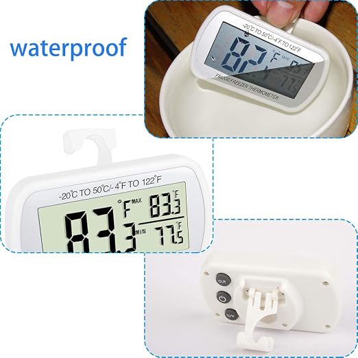 Digital Refrigerator Thermometer 2 Pack Fridge Freezer Room Thermometer Waterproof Large LCD Display Max/Min Record Function, White