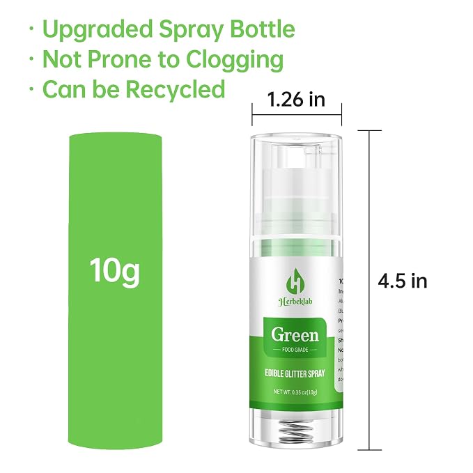 Green Edible Glitter Spray – Herbeklab 10g Food Grade Edible Shimmer Spray for Cakes, Cookies, Chocolate, Strawberries, Drinks and Cocktails– Upgraded Bottle Design