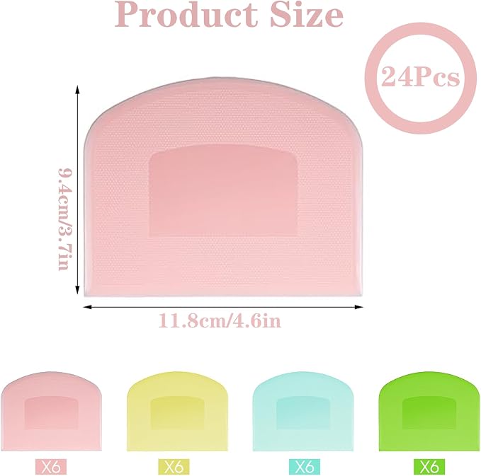 24 Pcs Bench Scraper Dough Scraper for Baking, Food-Safe PE Flexible Bowl Scraper, BPA Free Plastic Dough Cutter Tool for Bread Cake Fondant Icing,（ Light Blue Green Yellow Pink）