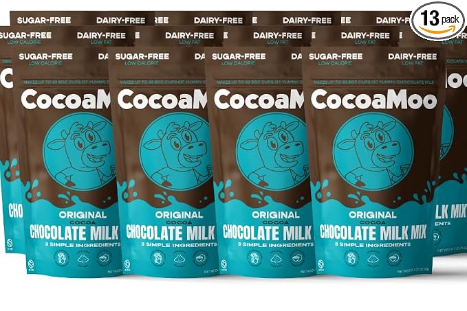 13-Pack CocoaMoo Sugar-Free, Dairy-Free Original Chocolate Milk Mix, Organic Cacao Powder with Monk Fruit Extract, No Added Sugar, No Gums or Fillers, Easy to Blend Powder