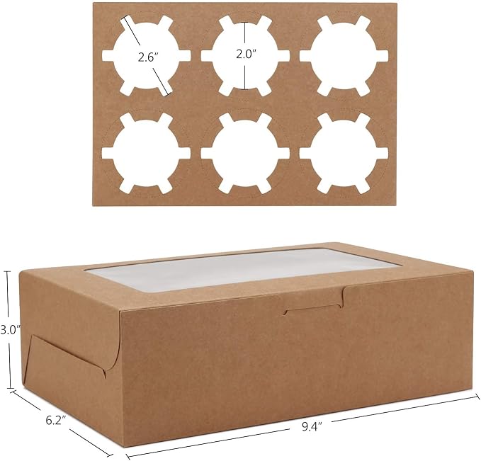 EUSOAR Cupcake Boxes, 50pcs 9.4" x 6.2" x 3.0" Muffin Containers 6 Count with Insert and Display Window, Kraft Muffin Cupcake Box Carrier Packaging Cupcake Boxes Fits 6 Cupcakes or Muffins
