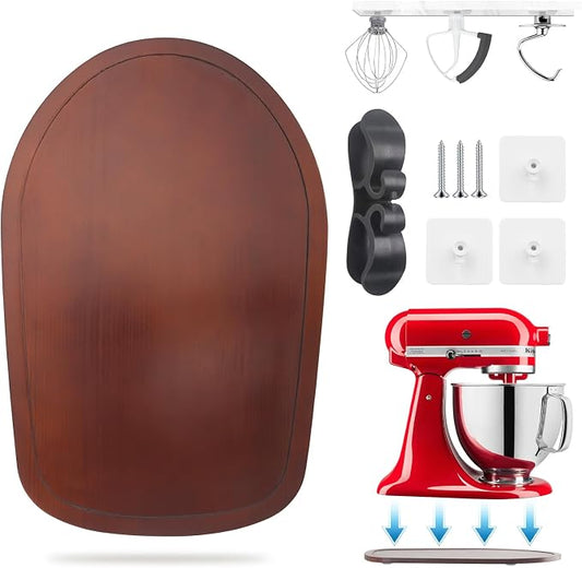 Sliding Mat for Kitchen aid 4.5-5 Qt Stand Mixer with 1Pc Cord Organizer and 3Pcs Attachment Holder for Kitchen Appliance Slider (4.5-5 Qt Bamboo and Attachment, Bright Brown)