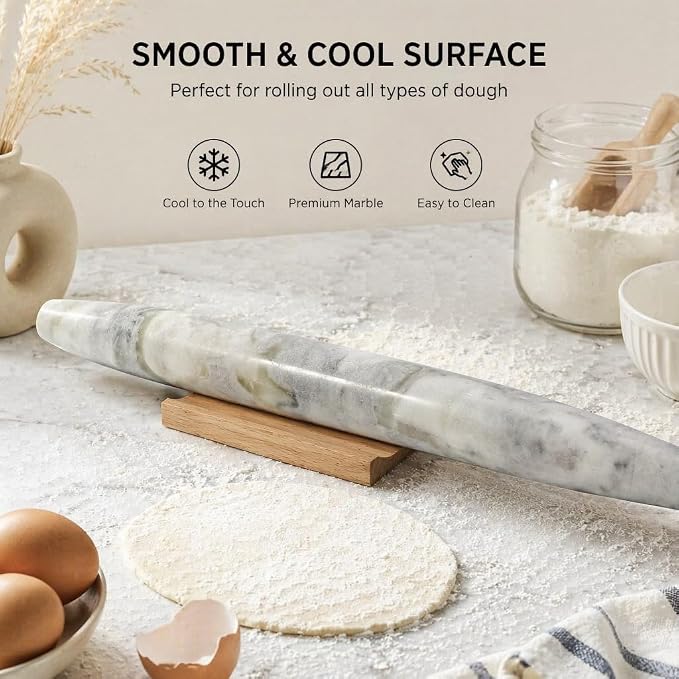 Marble French Rolling Pin, Non-Stick Polished Dough Roller, Pasta, Dumpling, 15 inch Kitchen Baking Tool for Baking with Wooden Resting Base(Bianco Palomino)