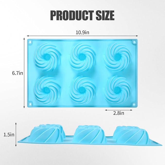 3 PCS Mini Bundt Cake Pans for Baking, 6-Cavity Fluted Tubular Mini Cake Pans, Silicone Molds for Baking, Ideal for Brownies, Cookies, Cupcakes, Jellies, Muffins, Donuts(Spiral Shape)