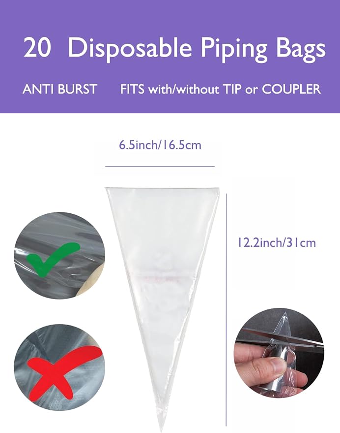1M 2D 2F Piping Tip Set,3 Pcs Large Decorating Tips with 20 Pcs Disposable Icing Bags 12inch for Cake Cupcake Decorating