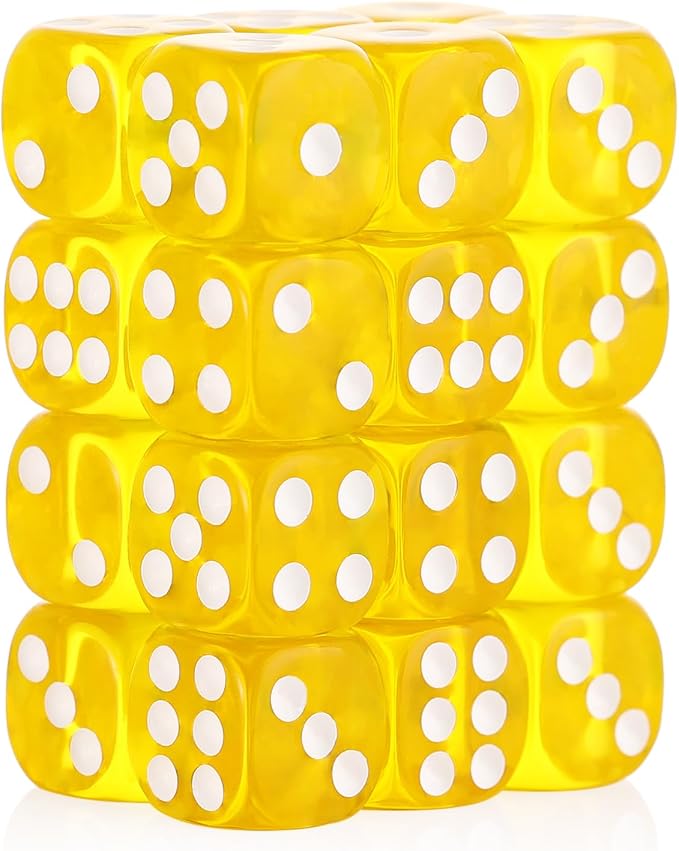 24 of Pack 16MM 6 Sided Dice Set,Translucent Colors D6 Game Dice Set, 6 Sided Standard Dices for Yahtzee, Bunco or Teaching Math,with Portable Dice Pouch(Yellow)