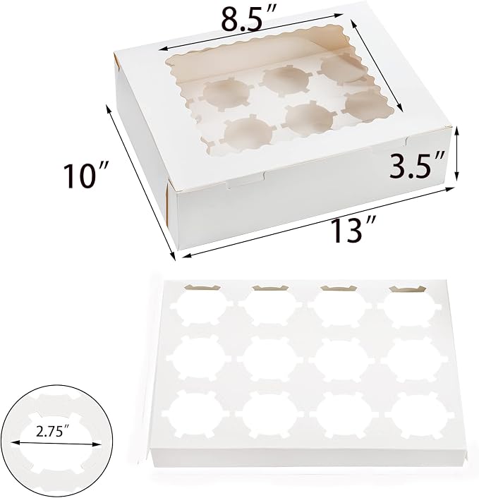 Jucoan 20 Pack Cupcake Boxes 12 Counts White Paper Cupcake Container with Inserts and Window, Bakery Container Dozen Cupcake Carrier Boxes for Muffins, Cookies, Pastry