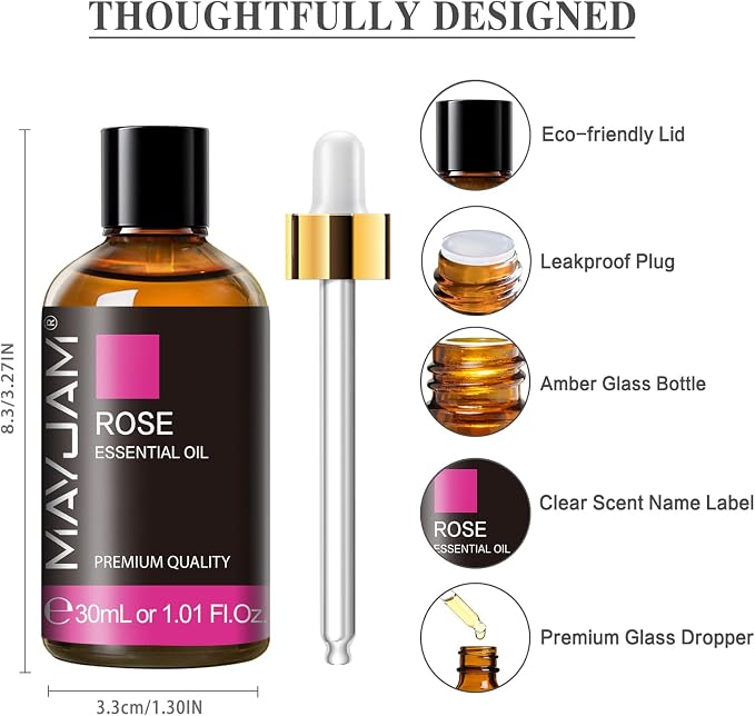 MAYJAM Rose Essential Oil for Diffuser Soap Candle Making, 1.01fl.oz | Long Lasting Scents, Rose Essential Oil for Skin, Floral Essential Oils for Home Yoga Use