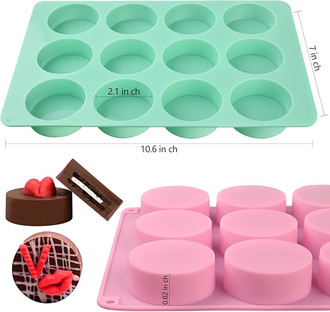 Actvty Chocolate Cover Cookie Silicone Molds, New Size 12-Cavity Round Silicone Molds for Chocolate Cover, Cylinder Baking Mold for Candy Mini Cakes Jelly Baking（2 Pack）