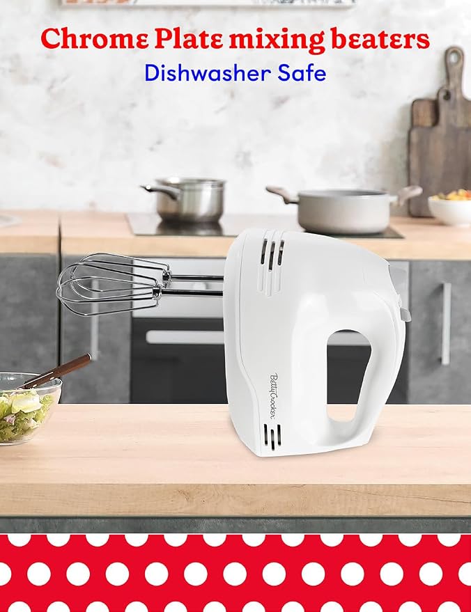 Betty Crocker 5-Speed Hand Mixer, 150 Watts Power, Easy-Clean Chrome Plate Beaters, Beater Eject Button, Heel Rest, Sleek Compact Design, Apartment Essentials, BC-4203WT, White
