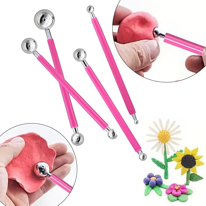 14Pcs Ball Stylus Pottery Tool Set, Pink Embossing Tool, Dual-Ended Multi-Size Clay Sculpting Dotting Tools, Professional Modeling Tools for Pottery, Polymer Clay, Nail Art, Fondant & DIY Crafts