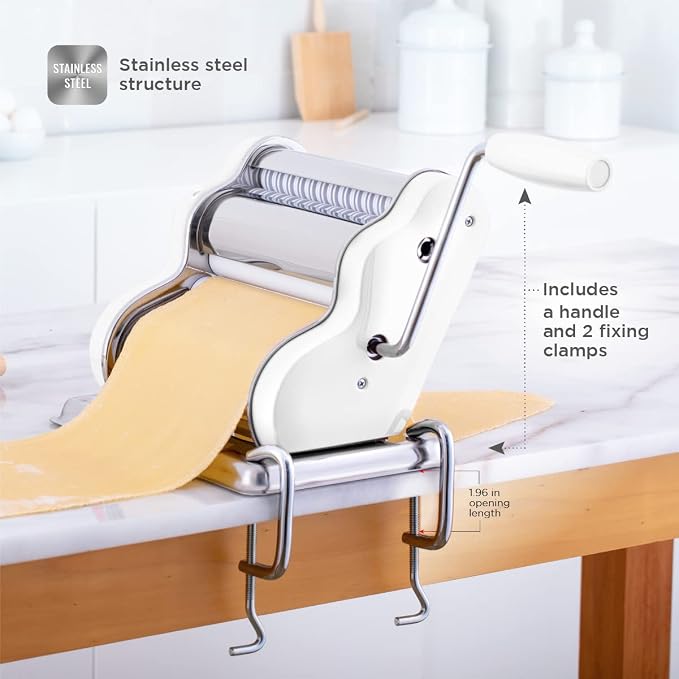 PASTALINDA Classic 200 Pasta Maker Machine, 20 cm Wide Rollers, 9 Thickness Positions, 2 Cutting Positions, Stainless Steel. Includes Reinforced Hand Crank And Two Clamps