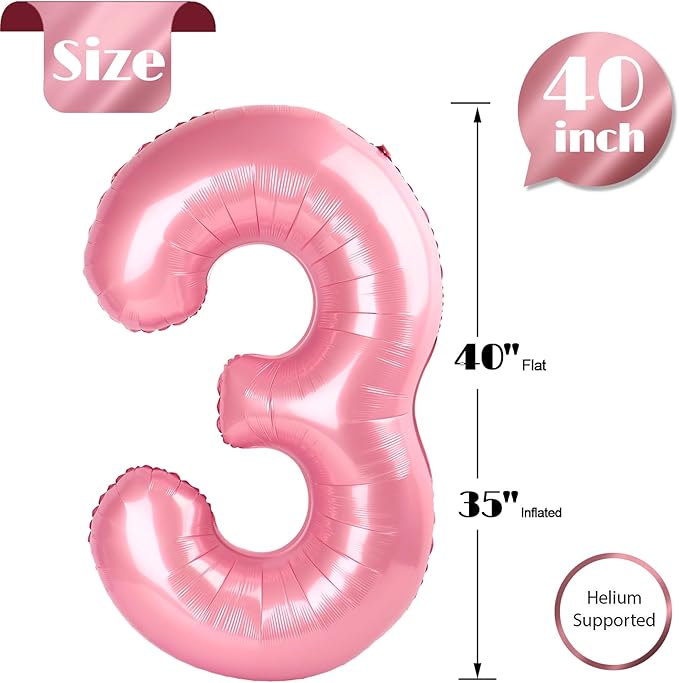 Pearlescent Pink 3 Balloon, Number Balloons 40 Inch, 3rd Birthday Decorations for Kids Girls Women Party Supplies for Party Decorations, Number 3 Balloon