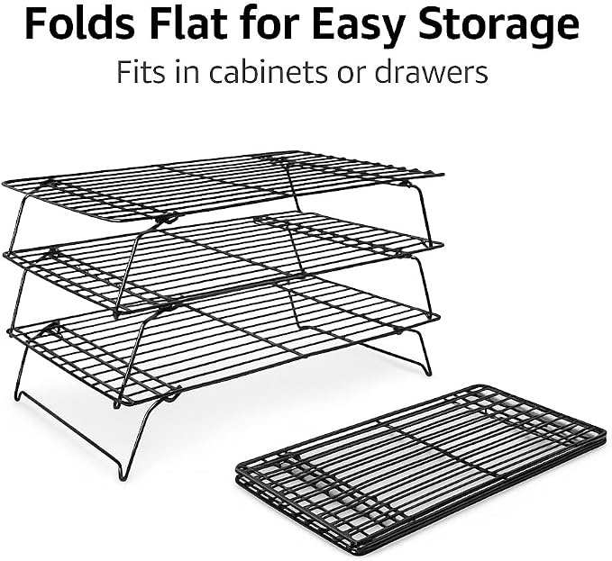 3 Tier Stackable Cooling Rack for Baking – 15.75" x 10" Carbon Steel Wire Cookie Cooling Racks, Multi-Level Stackable Cookie Rack for Cakes, Pastries & Fruit – Collapsible & Dishwasher Safe
