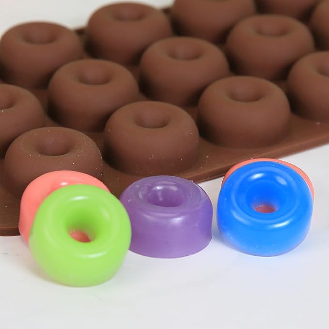 Mini Donut Silicone Molds, 2 Pcs Chocolate Molds with Donut Shapes for Making Chocolate/Candy/Gummy/Jelly, Food Grade Candy Mold with 15 Cavities Mini Doughnuts for Fruit Snacks
